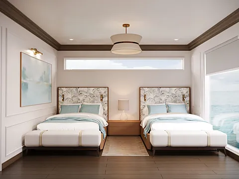 Twin guest bedroom with harbor-view windows