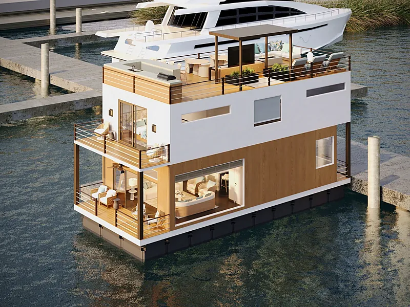 Aerial view of a two-story HarborLife houseboat with rooftop deck