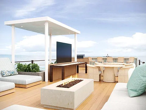 Rooftop lounge deck with pergola and firepit seating