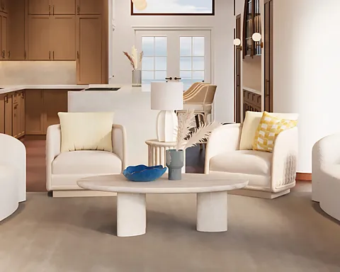 Salon lounge with woven armchairs and wraparound views
